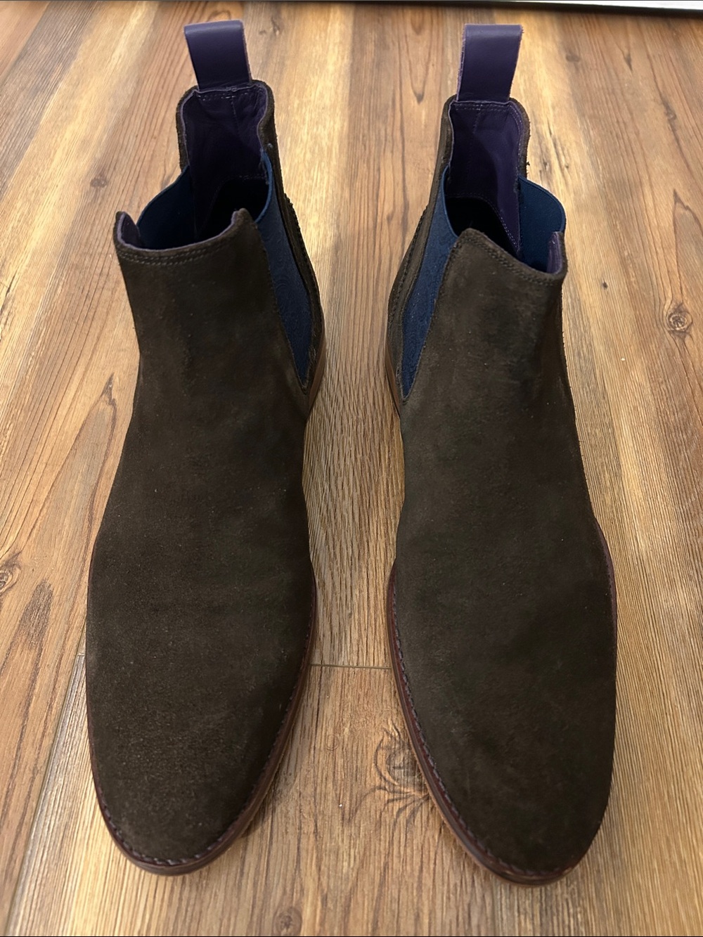 Ted Baker Brown Suede Boots w/Navy Elastic sides & Purple back pull tab Size 11